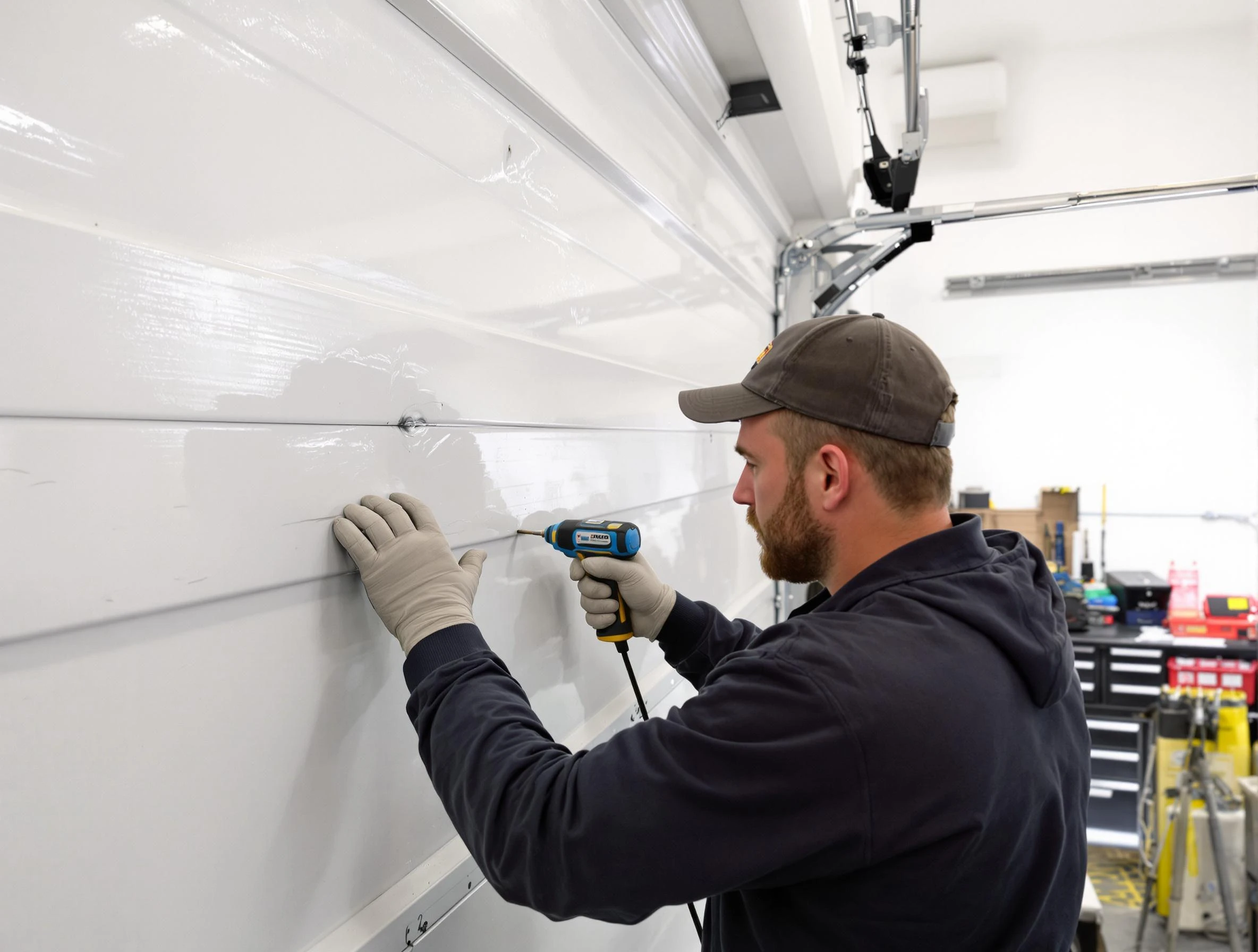 Wellsville Garage Door Repair technician demonstrating precision dent removal techniques on a Wellsville garage door